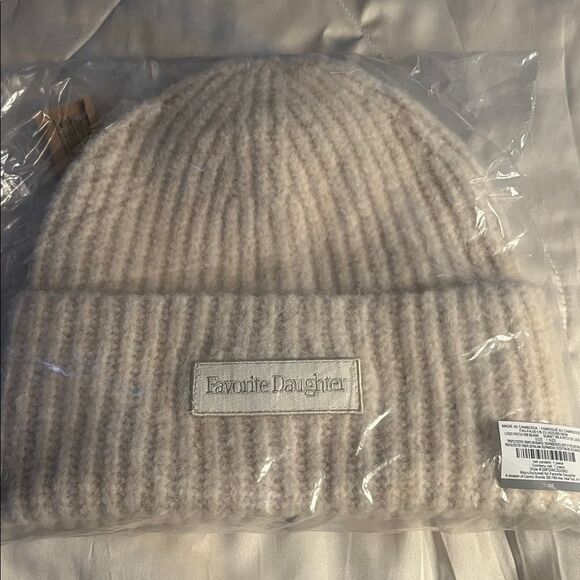 Favorite Daughter Beanie Logo Patch Rib Ivory Cream Knit Wool Blend Beanie NWT